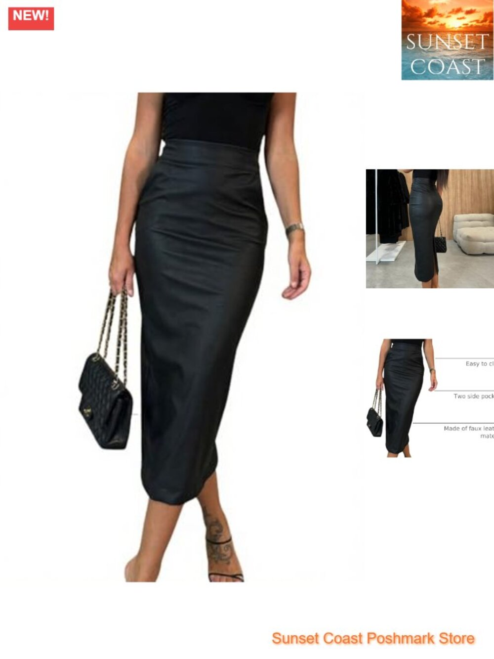 Faux Leather High Waist Bodycon Midi Pencil Skirt Women's Work